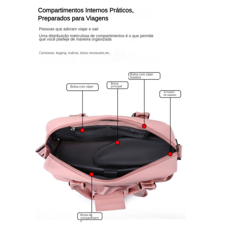 bolsa mala academia e viagem feminina com alça transversal Impermeavel Chaveiro Pompom