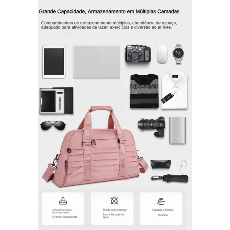 bolsa mala academia e viagem feminina com alça transversal Impermeavel Chaveiro Pompom